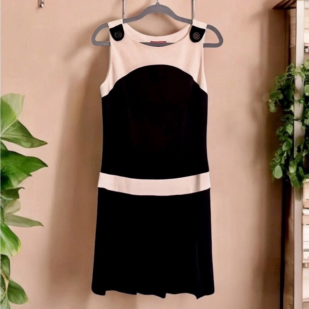 ABS Allen Schwartz Dress Size M Black Cream Pleated Y2K Shift Mini - Picture 3 of 10